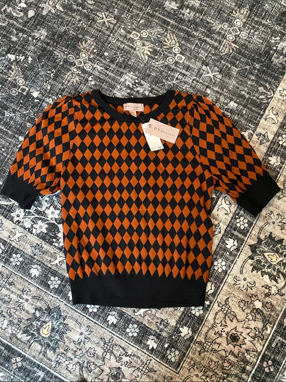 Philosophy Navy and Orange Harlequin Crewneck Sweater - Picture 2 of 2